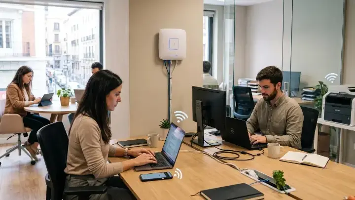 seguridad-wifi-negocios Router WiFi y dispositivos conectados en un pequeño negocio