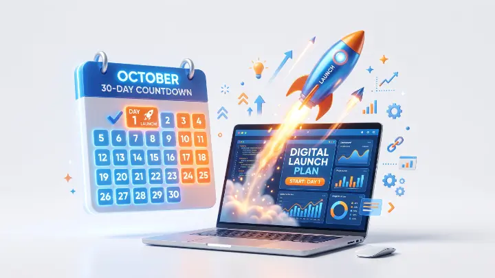Plan de 30 días Plan de 30 días para crear la presencia online de una PYME con un cohete despegando de un portátil