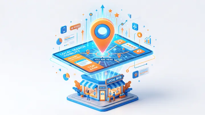Posicionamiento SEO local Posicionamiento SEO local para PYMES con un pin de ubicación sobre un negocio